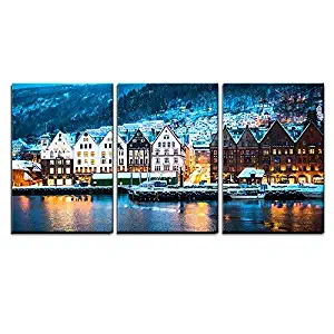 wall26 - 3 Piece Canvas Wall Art - Night View in Bruges, Bergen, Norway - Modern Home Decor Stretched and Framed Ready to Hang - 16"x24"x3 Panels
