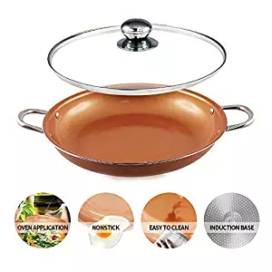 14 inch Non Stick Copper coated Ceramic Induction Base Cooking Fry Pan 14''Wok Casserole set with Lid Dishwasher & Oven safe copper wok set