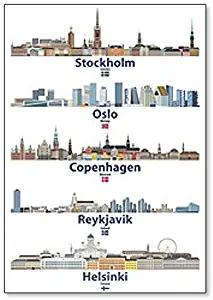 Illustration of Stockholm, Oslo, Copenhagen, Reykjavik and Helsinki Cities Skylines Fridge Magnet