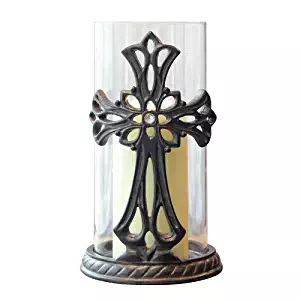 Stonebriar Decorative Glass Hurricane Pillar Candle Holder with Bronze Metal Base and Jeweled Cross Detail, Religious Home Decor Accessories, Decoration for Mantel, Table Top, or Prayer Alter