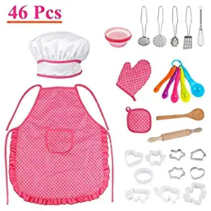 Chef Role Play Costume Set, 46 Pcs Toddler Cooking Baking Set with Chef Hat, Apron, Oven Mitt, Utensils for Little Girls Kids Kitchen Play Toy Toddler Chef Dress up Age 3 4 5 6 up