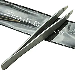 Tweezers - Surgical Grade Stainless Steel - Slant Tip for Expert Eyebrow Shaping and Facial Hair Removal - with Bonus Protective Pouch - Best Tool for Men and Women (Silver)