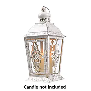 JHY Design Decorative laterns-13inch High Metal Candleholder Or Vintage Style Hanging Lantern for Indoor Outdoor, Events, Parities and Weddings(White with Gold Brush)