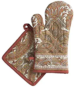 Maison d' Hermine Kashmir Paisley 100% Cotton Set of Oven Mitt (7.5 Inch by 13 Inch) and Pot Holder (8 Inch by 8 Inch). Perfect for Thanksgiving and Christmas