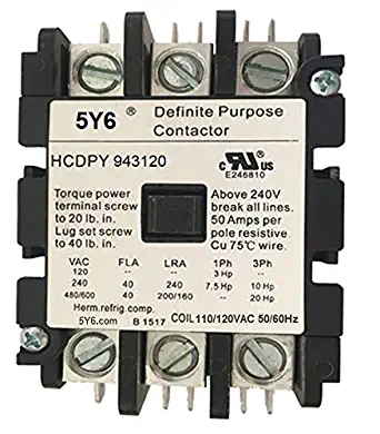 50 Amp Definite Purpose Contactor 3 Pole, 120VAC Coil 40A, 50A, Lighting, Heating, Refrigeration