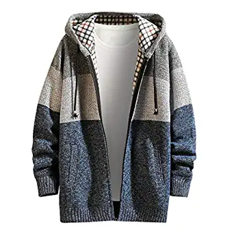 LUCAMORE Mens Coat Autumn Winter Casual Patchwork Turn-Down Collar Jacket Zipper Coat Outdoor Warm Outwear Sweater