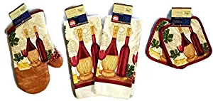Home Collection Wine & Cheese Lovers Kitchen Linen Set (#2018) (Includes: one Oven mitt, Two Towels, and Two Pot Holders)