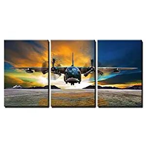 wall26 - 3 Piece Canvas Wall Art - Military Plane Landing on Airforce Runways Against Beautiful Dusky Sky - Modern Home Decor Stretched and Framed Ready to Hang - 16"x24"x3 Panels