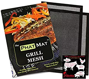 PhatMat Non Stick Grill Mesh Mats (2 pk) - Heavy Duty BBQ Grilling & Baking Accessories for Traeger, Green Egg, Smoker & Oven - Includes Free Meat Smoking Temperature Guide