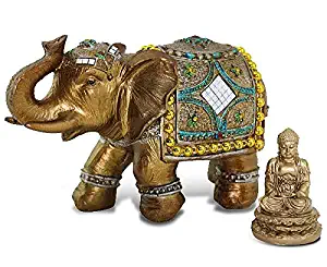 Feng Shui Brass Color 6" Elegant Elephant Trunk Statue Wealth Lucky Figurine + Gold Mini Buddha Home Decor Gift US Seller