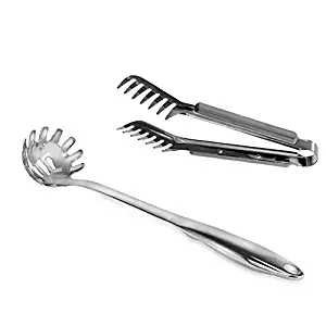 HornTide Stainless Steel Pasta Server Set 1x 9-inch Serving Tongs 1x 12-inch Spaghetti Spoon Teethed Ends Design Kitchen Tools