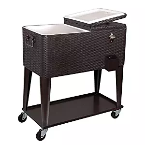 Clevr 80 Quart Qt Rolling Cooler Ice Chest Cart for Outdoor Patio Deck Party, Dark Brown Wicker Faux Rattan Tub Trolley, Portable Backyard Party Drink Beverage Bar, Wheels with Shelf & Bottle Opener