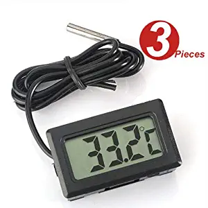 WINGONEER 3Pcs Digital LCD Thermometer Temperature Monitor with External Probe For Fridge Freezer Refrigerator Aquarium -Black