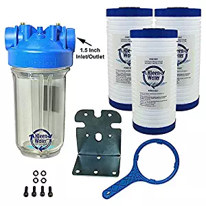 KleenWater Premier Whole House Water Filter System - 1.5 Inch Inlet/Outlet - Transparent Housing - 20 GPM with Bracket, Wrench and Three 4.5 x 9 7/8 Dirt Sediment Cartridges