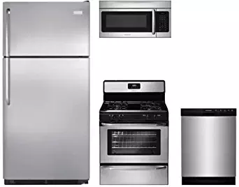 Frigidaire 4-Piece Stainless Steel Package with FFTR1821TS 30" Top Freezer Refrigerator, FFGF3047LS 30" Gas Range, FFBD2412SS 24" Full Console Dishwasher and FFMV164LS 30" Over The Range Microwave