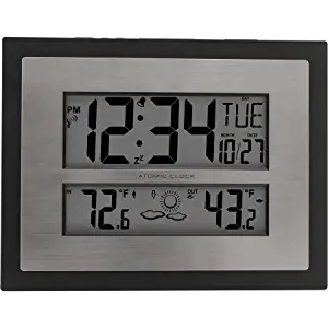 Atomic Digital Wall Clock with Forecast In Black