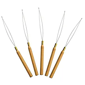 5 Wooden Hair Extensions Loop Needle Threader Wire Pulling Hook Tool for silicone microlink beads and feathers, Set of 5 for hair or feather extensions (5 Loop Tools)