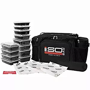 Isolator Fitness 6 Meal ISOBAG Meal Prep Management Insulated Lunch Bag Cooler with 12 Stackable Meal Prep Containers, 3 ISOBRICKS, and Shoulder Strap - MADE IN USA (Black)
