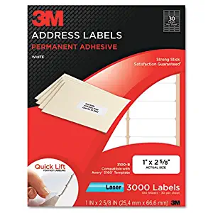 3M Permanent Adhesive Address Label, 1 quot; x 2 5/8 quot;, White, Laser, 3000/PK