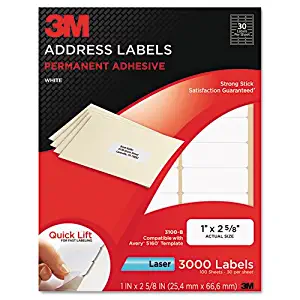 3M Permanent Adhesive White Mailing Labels, 1 x 2 5/8, White, 3,000 Labels/Pack