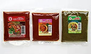 (Pack of 3) Thai Panang Red Green Curry Paste in Vacuum Bag Original 100 G.x3 From Thailand