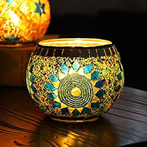 Youway Style Sunflower Mosaic Glass Candles Holder for Home, Restaurant Decoration(D=7.5cm with 8.5cm Height)