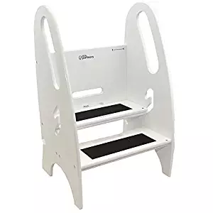 Little Partners The Growing Step Stool Adjustable Height Nursery, Kitchen or Bathroom Footstool - Wooden Non-Tip Design for Both Toddlers & Adults (Supports Up to 150lbs) (Soft White)