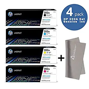 HP 202A BCYM Original Laserjet Toner Cartridge Set CF500A, CF501A, CF502A, CF503A - for Hp Laserjet M254dw, MFP M281fdw Printers + InkSaver Microfiber LCD Screen Cleaning Cloth 