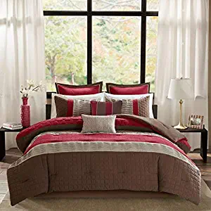 Madison Park Roslynn Queen Size Bed Comforter Set Bed in A Bag - Red, Striped – 8 Pieces Bedding Sets – Microcell Bedroom Comforters