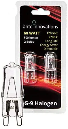 Brite Innovations G9 Halogen Bulb, 60 Watt – 2 Pack – Energy Saving - Dimmable - Soft White 2700K - 120V - Q40, CL, T4 JD Type, Clear Light Bulb