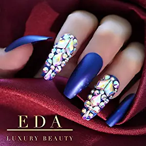 EDA LUXURY BEAUTY MATTE DARK BLUE 3D JEWEL DESIGN Full Cover Press On Gel Glitter Artificial Nail Tips Shiny Acrylic Extreme False Nails Extra Long Ballerina Coffin Square Super Fashion Fake Nails