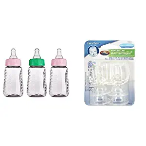 NUK First Essentials 5-Ounce Clear View Bottles, Slow Flow with Gerber First Essential 6 Pack Silicone Nipples, Slow Flow