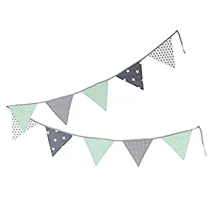 100% Cotton Fabric Bunting Flag Garland Pennant Banner by ULLENBOOM | Star/Checkered | Baby Shower/Party/Nursery | 11 Ft - Unisex Mint/Grey