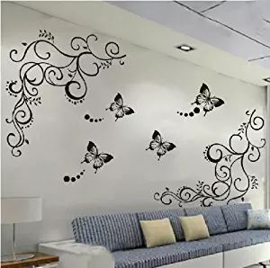Amaonm Hot Fashion Removable Vinyl DIY Black Nursery Flowers Vine and Beautiful Butterfly Wall Corner Decals Wall Sticker Murals Home Art Decor for Girls Kids Bedroom Living Room Home Decorations