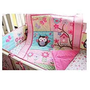 Brandream Crib Bedding Sets for Girls Pink Owl Floral Baby Nursery Bedding with Bumpers 100% Breathable Cotton