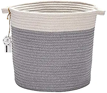 Sea Team 12.2" H x 11.8" D Bicolor Natural Cotton Thread Woven Rope Storage Basket Bin Hamper with Handles for Nursery Kid's Room Storage (Grey & Nature)
