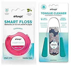 Dr. Tung's Smart Floss and Tongue Cleaner Bundle, Biodegradable, Revolutionary, Removes 55% More Plaque, Reaches Deep, Natural Cardamom Flavor, Lightly Waxed, Gluten-Free, PTFA-Free, BPA-Free