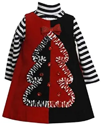 Bonnie Jean Girls Christmas Tree Corduroy Jumper Dress Set, Black, 2T-4T