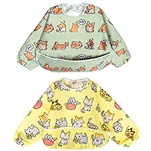 Long Sleeved Bib Waterproof Bibs for Babies and Toddlers with Pocket (6-24 Months) - Pack of 2 by Little Dimsum