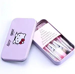 Hot Pro Hello Kitty Makeup Cosmetic Brush 7PCS Set Kit Iron Mini Professional Facial Brushes Metal Box Black/Pink Cute Gift (Pink)