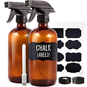 Amber Glass Spray Bottles (2 Pack, 16 oz) - Bonus: 8 Chalk Labels + Pen - Empty Refillable Bottle for Essential Oils, Cleaning Products and Aromatherapy - Dual Action Trigger Sprayer with Mist, Stream