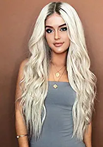 GNIMEGIL Long Wavy Full Wigs Ombre Black to Platinum Blonde Mix Two Tone Dyeing Color Synthetic Hair Wig for Women (Wig Head Circumference Size is 20-24 inches)