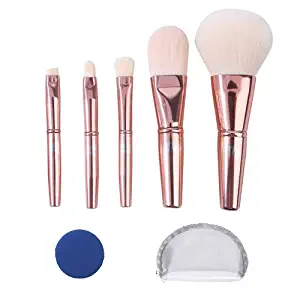 Premium MINI Makeup Brushes Set for Women Beginners and Travel, 5Pcs Aluminum Handle Brushes、1Pc Sponge Puff and 1Pc Brush Bag(Rose Gold)