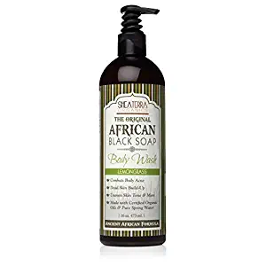 Shea Terra Organics African Black Soap Body Wash | Natural Skin Care for Acne, Eczema, Dry Skin, Psoriasis, Wrinkles, and More - Home Spa Treatment Full Body Wash - 16 oz (Lemongrass)