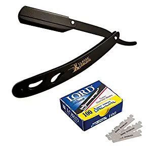 Classic Samurai CS-102 Stainless Steel Professional Barber Straight Edge Razor with 100 Count Single Edge Razor Blades (Matte Black with 100 Premium)