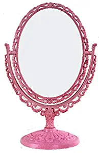 XPXKJ 7-Inch Tabletop Vanity Makeup Mirror with 3X Magnification, Two Sided ABS Decorative Framed European for Bathroom Bedroom Dressing Mirror (Pink Oval)