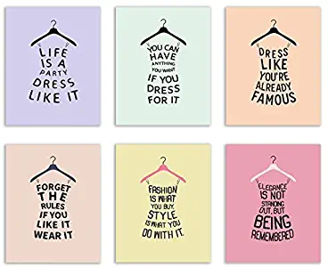 Cute Dress Hanger Quote Prints - Set of 6 Fashion Silhouette Typography Wall Art Decor Photos 8x10
