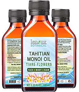 TAHITIAN MONOI OIL TIARE (COCONUT OIL and TIARE FLOWERS). Moisturizing, Toning, Anti Aging Benefits. For Face & Body, Hair, Lip and Nail Care. 3.33 Fl.oz.- 100 ml.