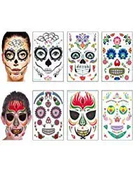 Day of the Dead Sugar Skull Tattoos Halloween Face Tattoos Makeup Stickers Halloween Temporary Tattoos for Women Men Adult Kids Skeleton Mask Tattoo Halloween Party Favor Supplies (6 Sheets)