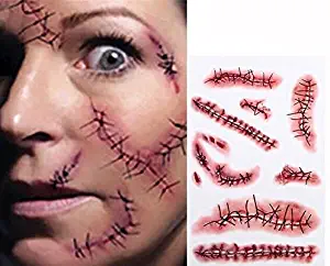 Tinuos Horror Realistic Fake Bloody Wound Stitch Scar Scab Waterproof Temporary Tattoo Sticker Halloween Masquerade Prank Makeup Props-5PC